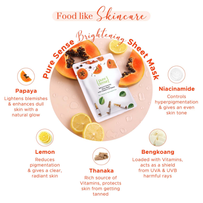 PureeSense Vitamin C & Papaya Brightening Sheet Mask | For Glowing, Nourished & Deeply Hydrated Skin | For Dry, Oily and Combination Skin | From the makers of Parachute Advansed