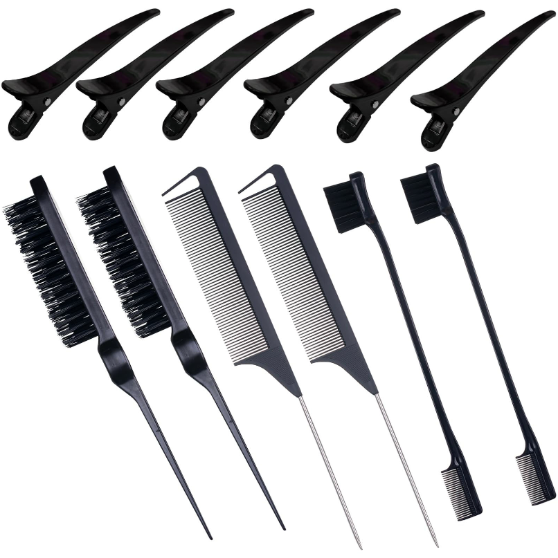 Hair Styling Comb Set Teasing Hair Brush Rat Tail Comb Edge Brush for Edge&Back Brushing, Combing, Slicking Hair for Women (Black)